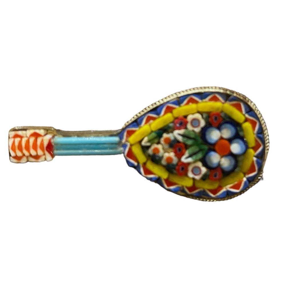 Vintage Italian Micro Mosaic Banjo Shaped Pin Brooch
